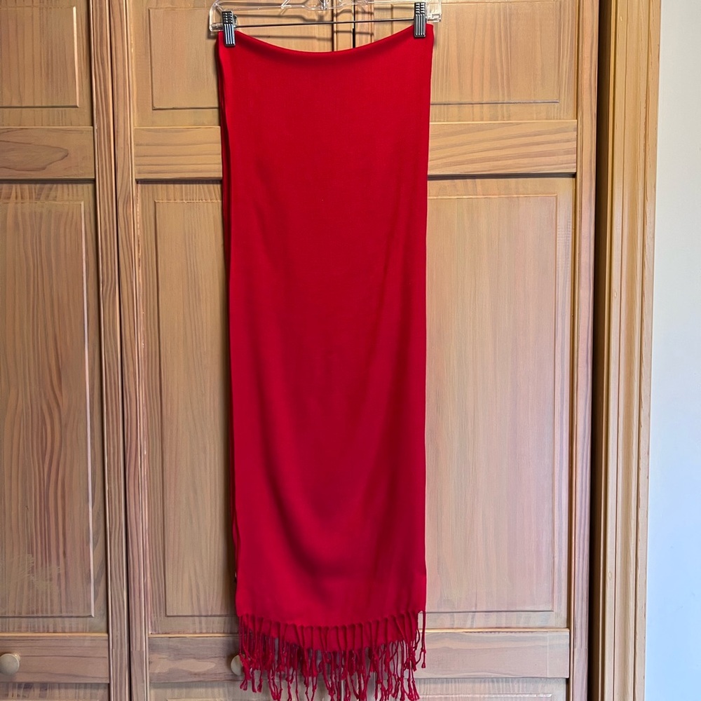Red scarf with fringe 72” x 30”